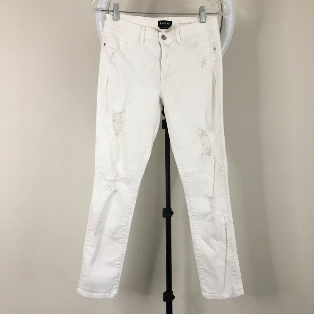 BEBE White HEARTBREAKER Distressed Faux Pockets Logo Hardware Skinny Jeans